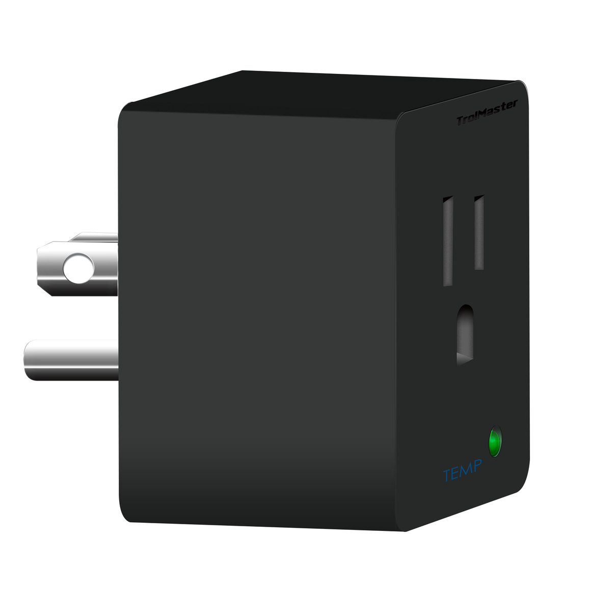 Black TrolMaster smart plug with two prongs, an outlet, and a green "TEMP" indicator light.