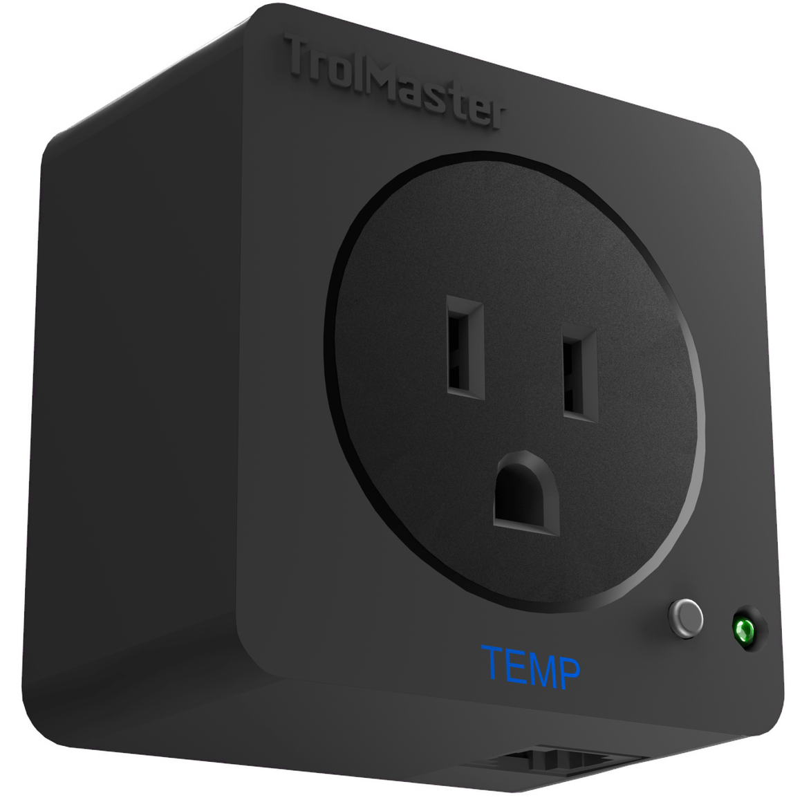 Black smart plug with "TrolMaster" logo, temp display, and outlet.