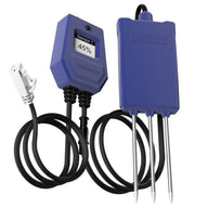 Blue TrolMaster water content sensor with display showing 45% and three metal probes.