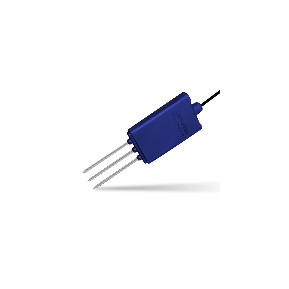 Blue soil moisture sensor with three silver prongs and "TrolMaster Water Content Sensor" text.