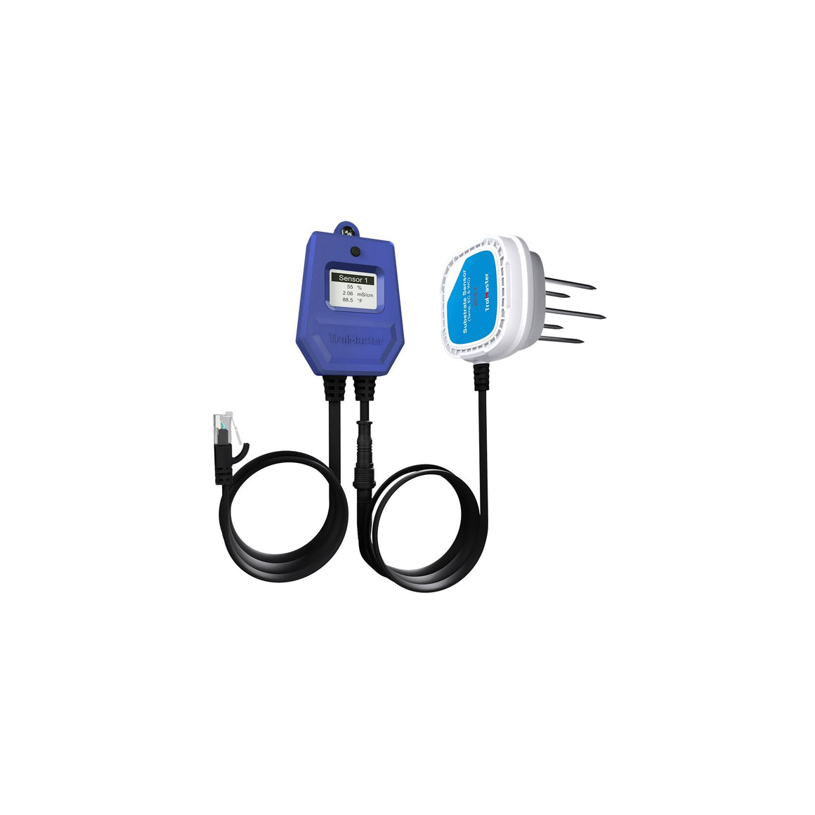 Two TrolMaster WCS-2 sensors: a blue display sensor and a white probe sensor, on a white background.