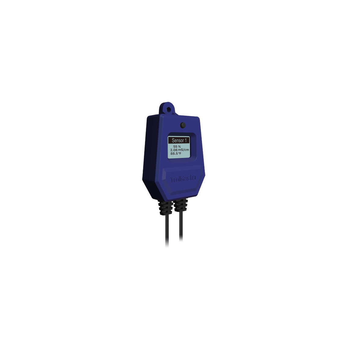 A blue Trollmaster WCS-2 sensor displays "Sensor 1," "55 %," "2.06 mS/cm," and "88.5 °F."