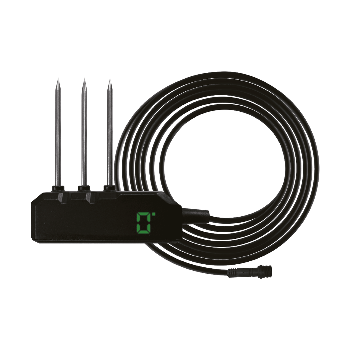 Black soil moisture sensor with three metal probes, a digital display showing "0", and a coiled black cable.