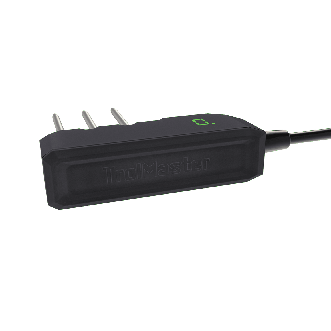 A black TrolMaster water content sensor with three silver prongs and a green display is shown on a white background.