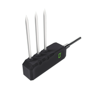 Black substrate water content sensor with three silver probes and a digital display.