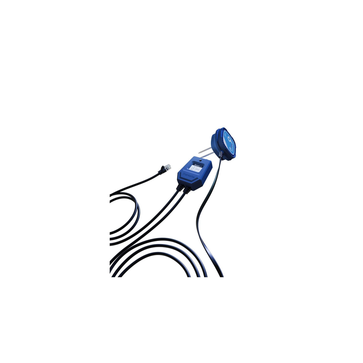 A blue digital sensor with a screen displays readings, attached to probes and black cables.