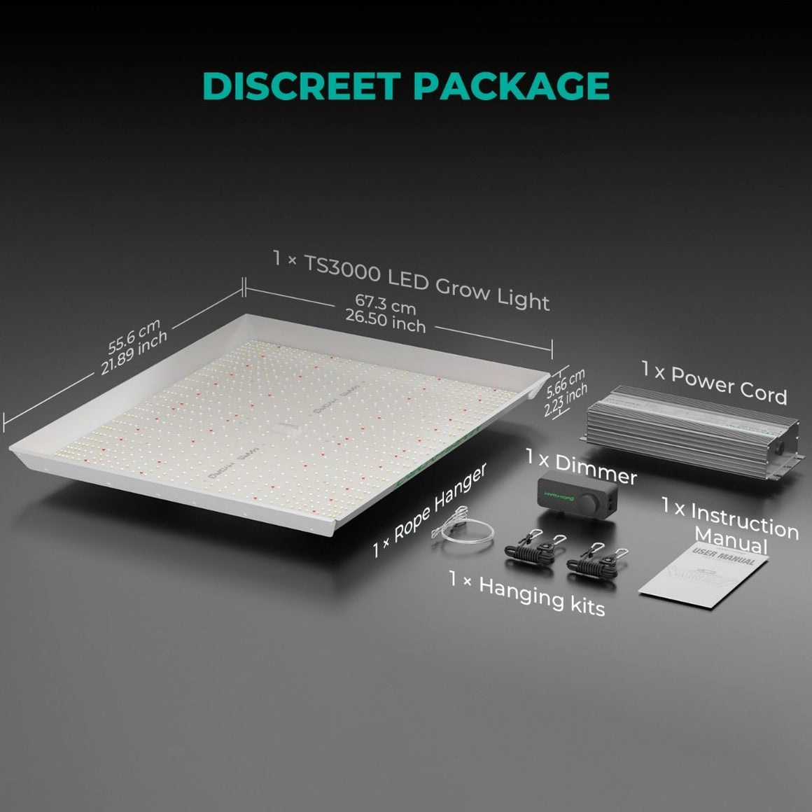 TS3000 LED Grow Light system in discreet packaging, includes grow light, dimmer, power cord, and hanging kits.