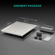 TS3000 LED Grow Light system in discreet packaging, includes grow light, dimmer, power cord, and hanging kits.