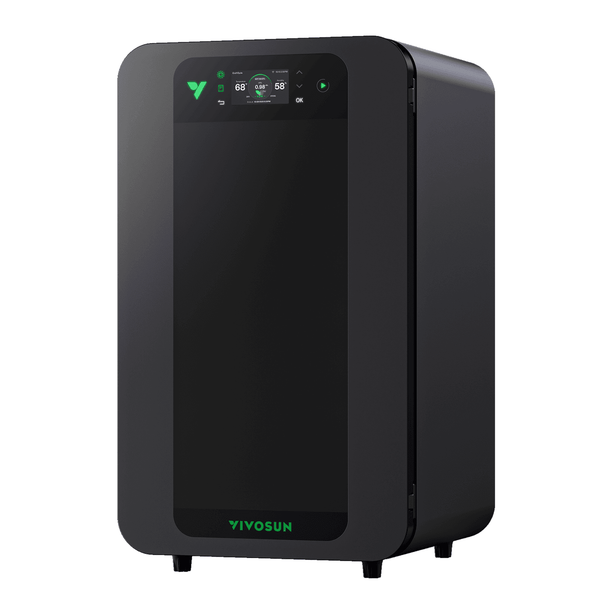Vivosun VCure smart curing box with a digital display showing temperature and humidity, set against a white background.