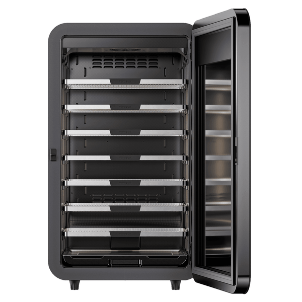 VIVOSUN smart curing box, open door, 7 drying racks inside.