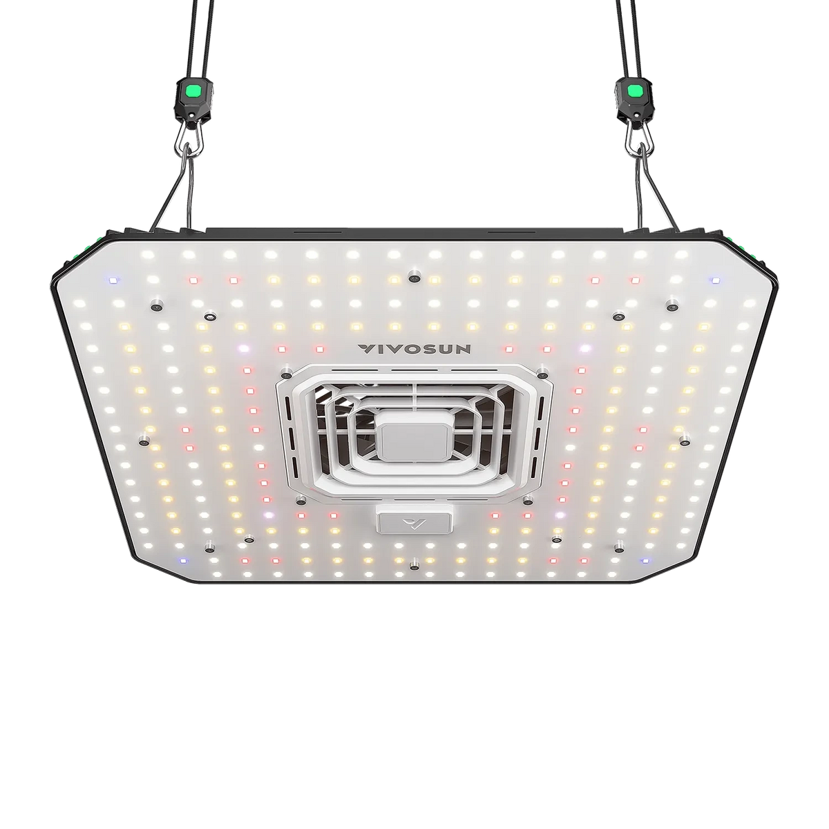 Vivosun Aerolight A100 LED grow light with full spectrum LEDs, central fan, and adjustable hanging system.
