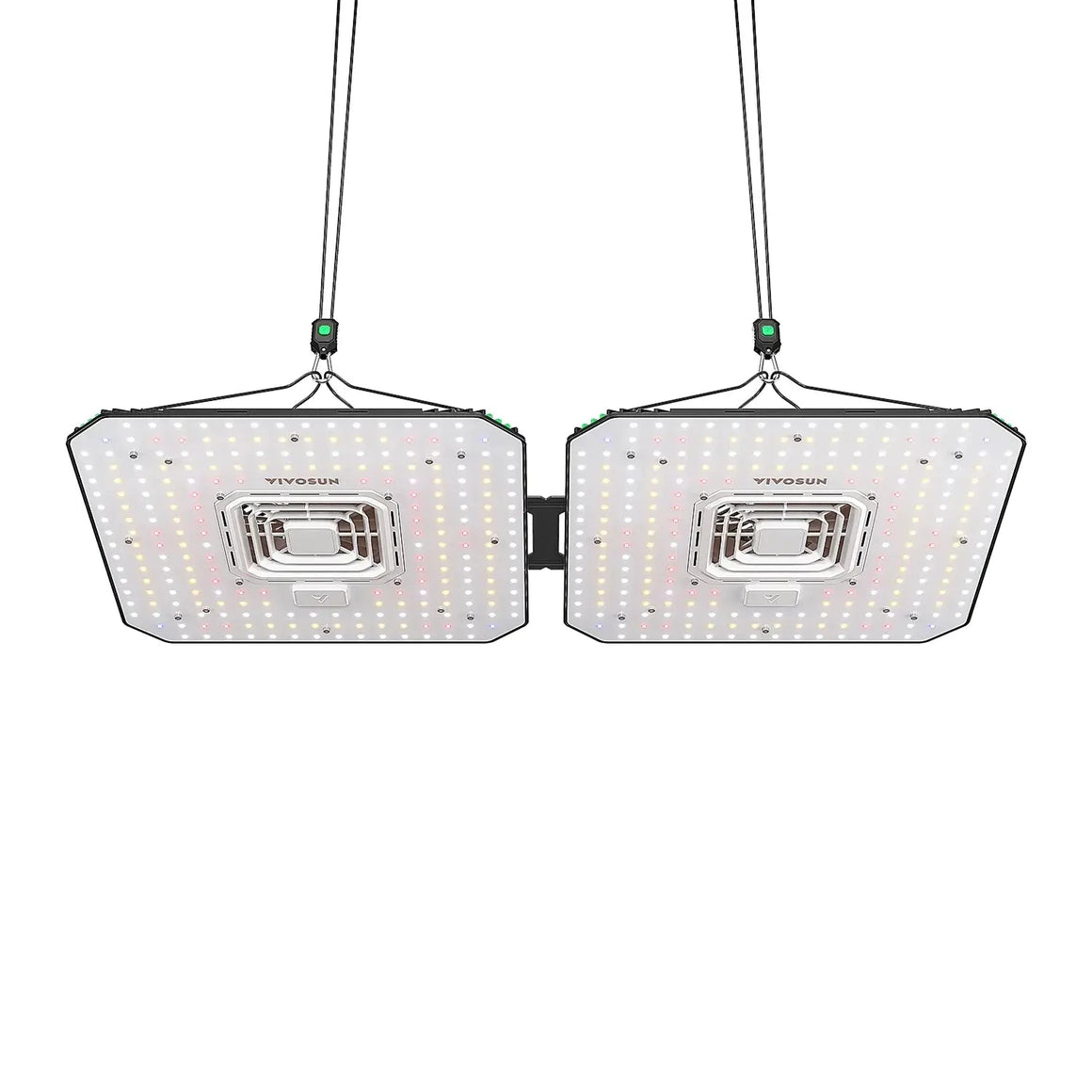 Two VIVOSUN AeroLight A100 LED grow lights with white, red, and warm yellow LEDs, hanging by adjustable cables.