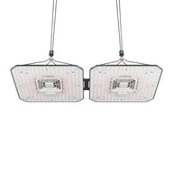Two VIVOSUN AeroLight A100 LED grow lights with white, red, and warm yellow LEDs, hanging by adjustable cables.