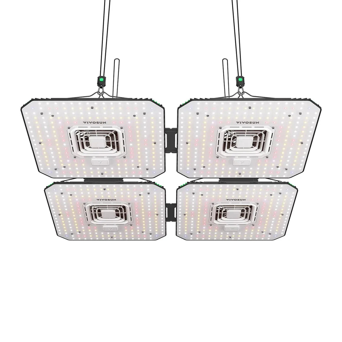 Pack of 4 VIVOSUN AeroLight A100 LED grow lights, with multi-color LEDs and central cooling fans.