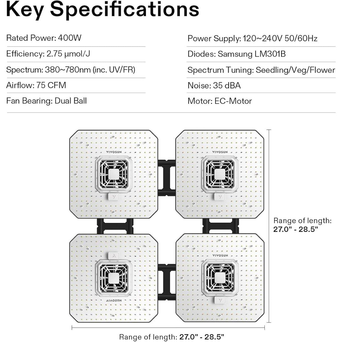 VIVOSUN AeroLight A100 modular LED grow light (4-panel, 27-28.5" length) with key technical specifications.