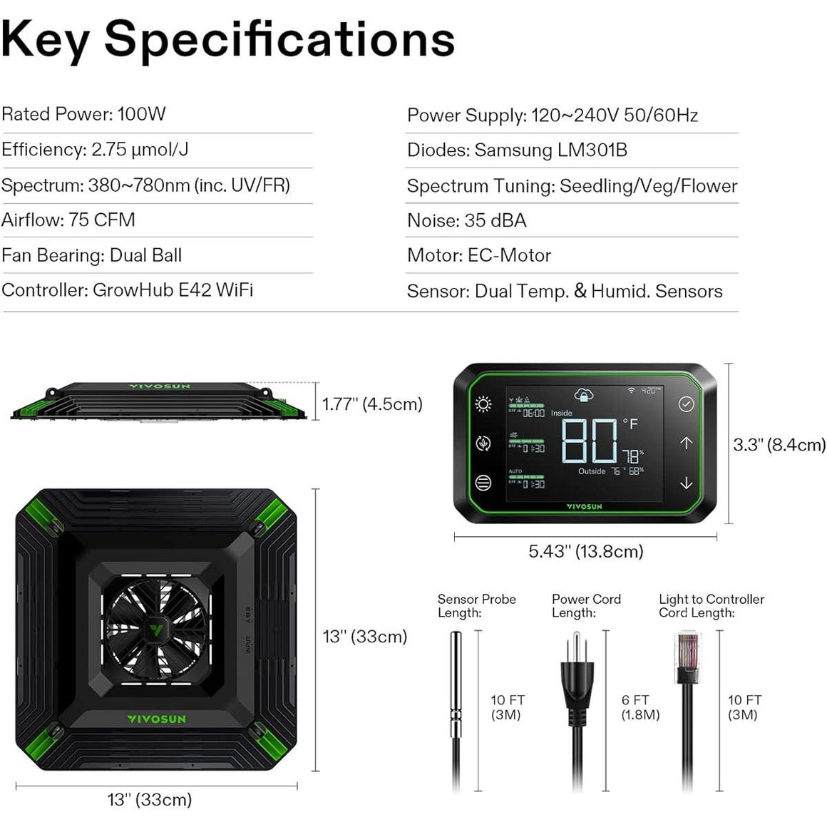 Vivosun Aerolight A100 LED grow light, showing key specs, physical dimensions (13"x13"), controller, and cord lengths.