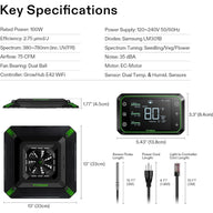 Vivosun Aerolight A100 LED grow light, showing key specs, physical dimensions (13