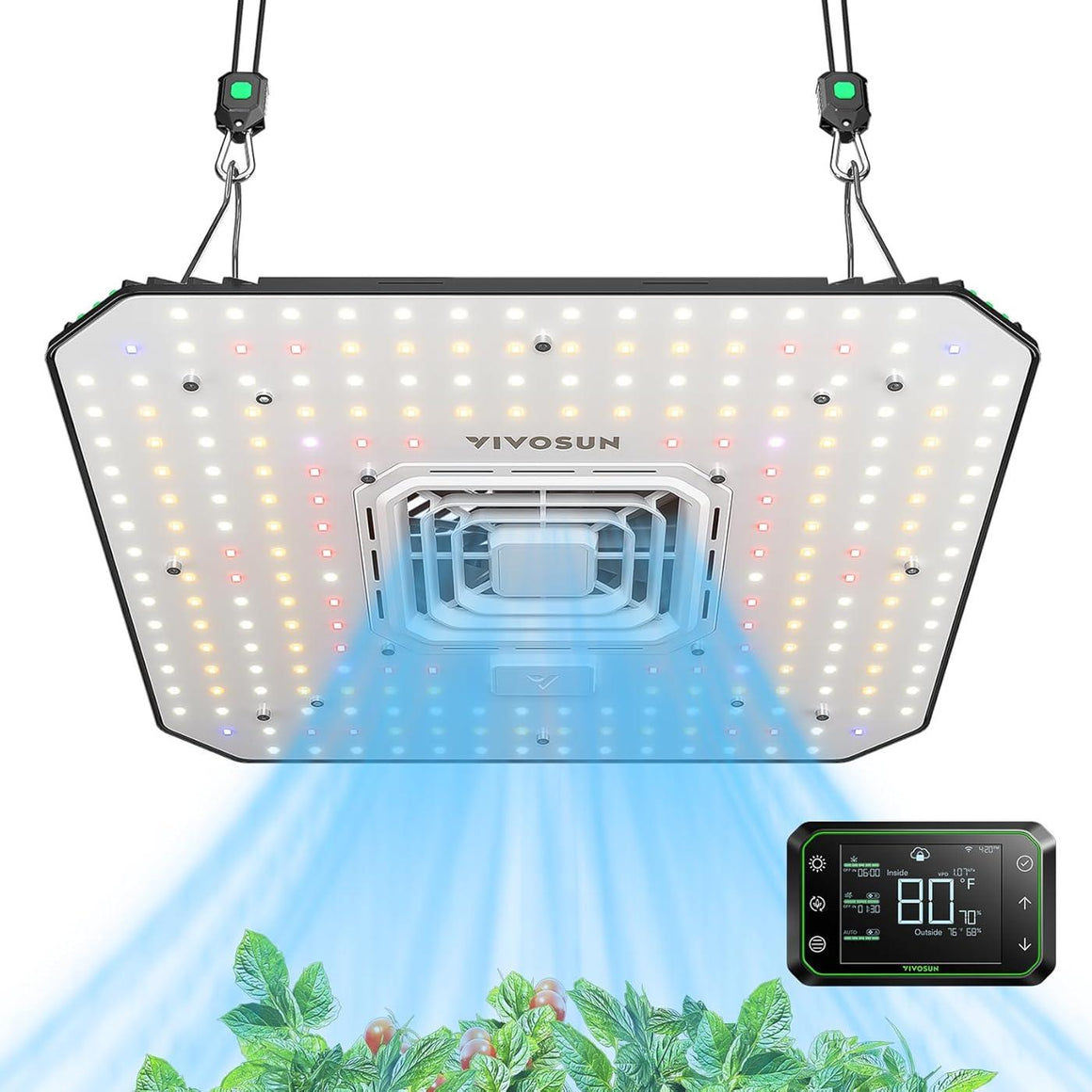 Vivosun Aerolight A100 tunable spectrum LED grow light with fan, GrowHub E42A controller, hanging over plants.