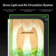 VIVOSUN AeroLight A100 tunable LED grow light & GrowHub E42a controller, illustrating air circulation in a grow tent.