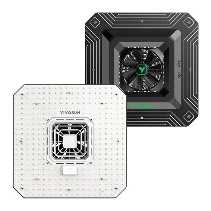VIVOSUN AeroLight A100SE full spectrum LED grow lights: white front panel with LEDs, black back panel with fan.