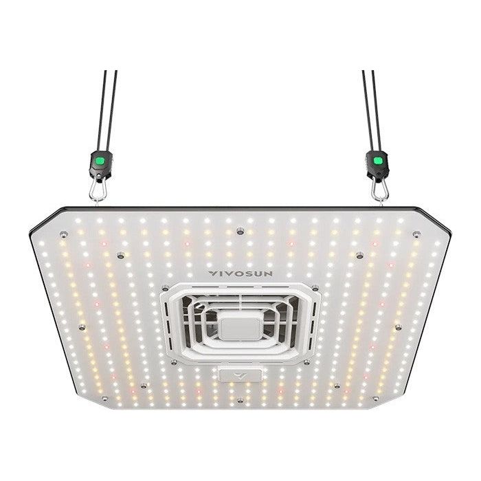 VIVOSUN AeroLight A100SE full-spectrum LED grow light with central fan, white, red, and amber LEDs, hanging hooks.