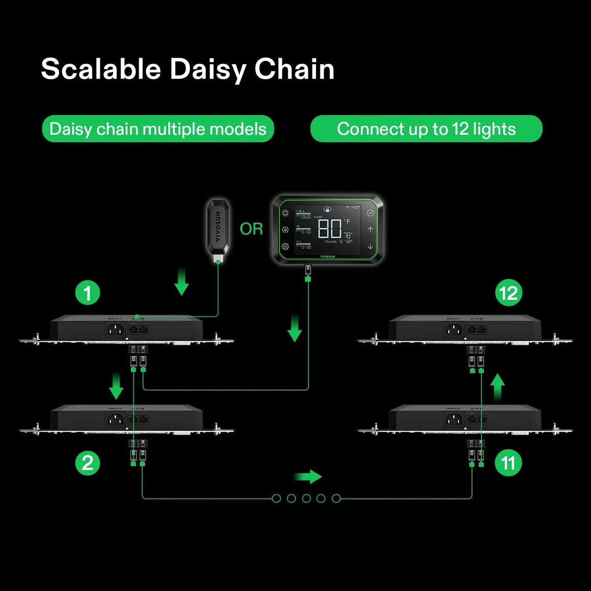 Vivosun LED grow lights daisy-chained with controller, showing connection for up to 12 lights.