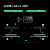 Vivosun LED grow lights daisy-chained with controller, showing connection for up to 12 lights.