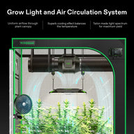 VIVOSUN AeroLight A150 LED grow light & air circulation system in grow tent with fan, filter, controller, plants.