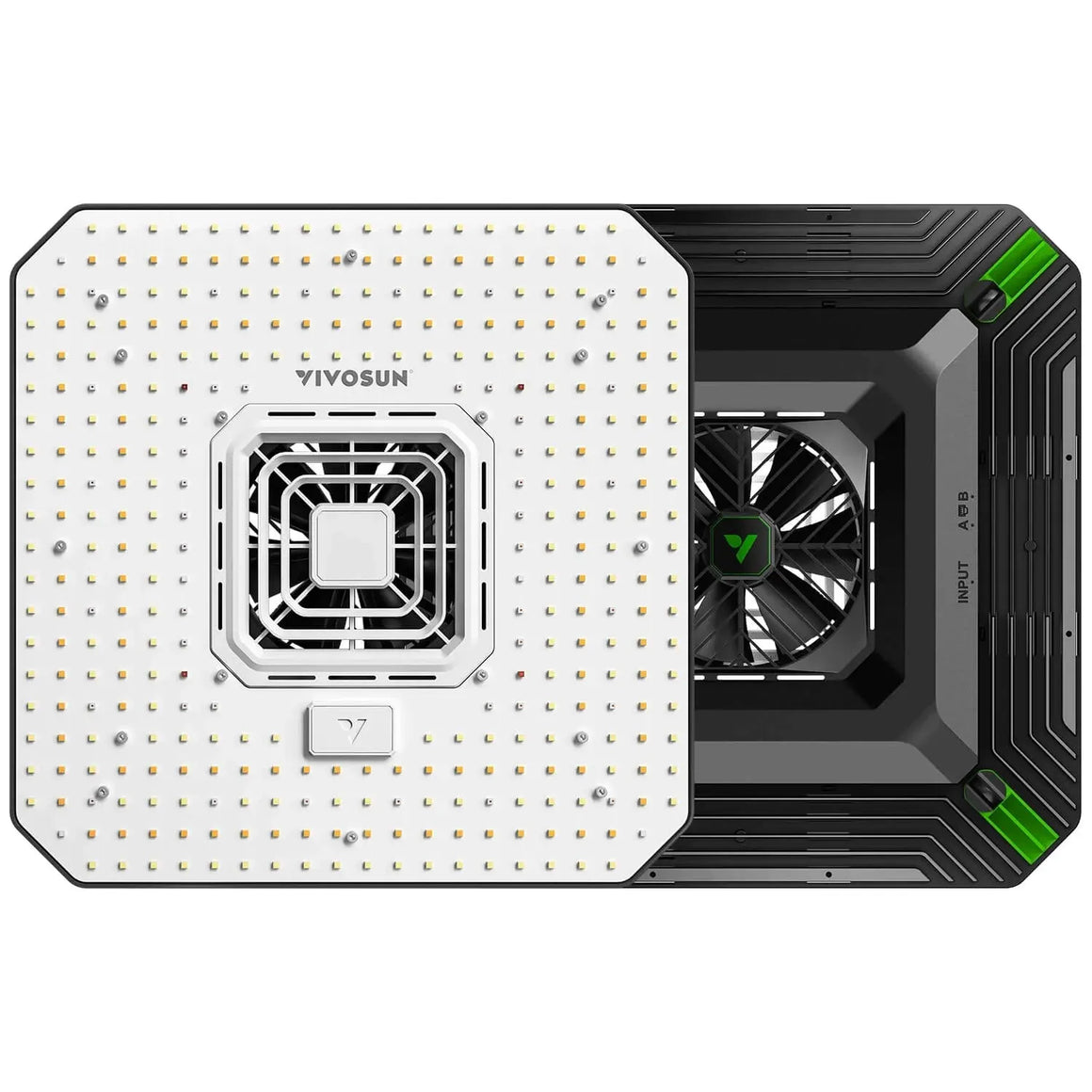 Vivosun AeroLight A150 full spectrum LED grow light, top view. White panel with mixed LEDs, fans, black body, green accents.