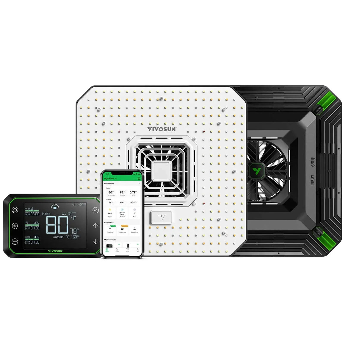 Vivosun Aerolight A150 full spectrum LED grow light, GrowHub E42A controller, and Vivosun smartphone app.