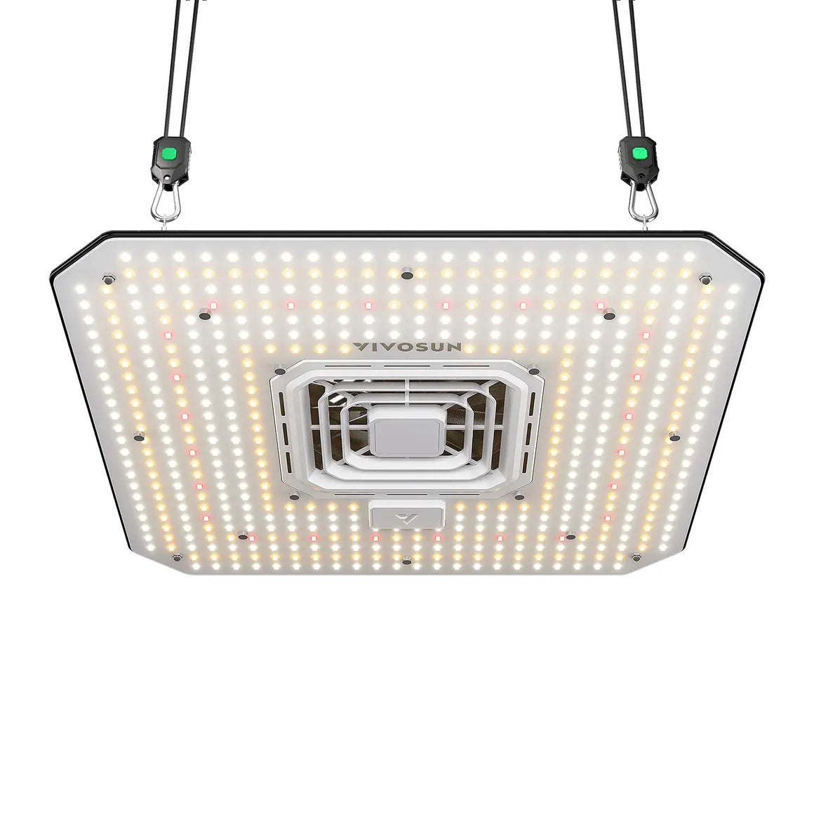 VIVOSUN square LED grow light, full spectrum white & red LEDs, central fan, suspended from above.