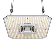 VIVOSUN square LED grow light, full spectrum white & red LEDs, central fan, suspended from above.