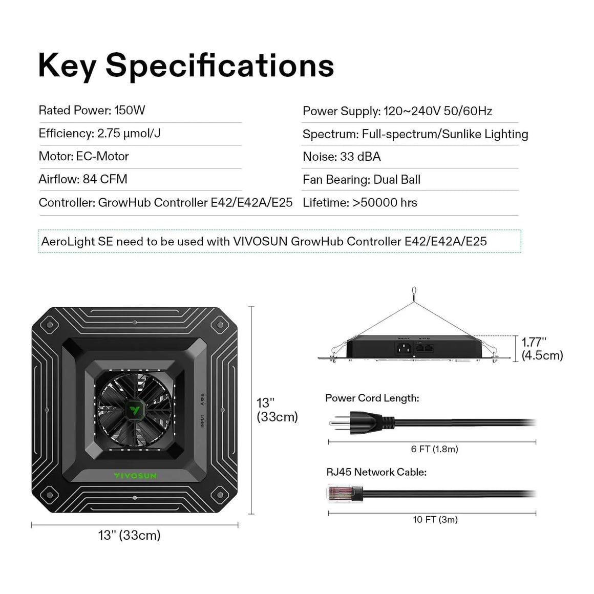 VIVOSUN AeroLight SE LED grow light key specs. Shows 13"x13"x1.77" light, power cord, RJ45 cable, top/side views.