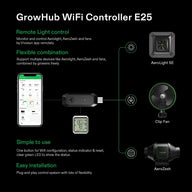 Vivosun GrowHub E25 WiFi controller connects AeroLight SE LED grow light, Clip Fan, AeroZesh duct fan & app.
