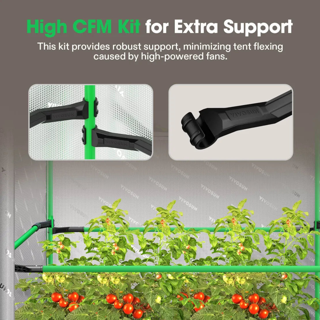 VIVOSUN grow tent showing robust CFM support kit with green poles & black clips, preventing flex for tomato plants.