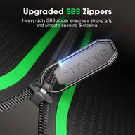 VIVOSUN heavy-duty SBS zipper with metallic pull, embossed logo, green trim on black textured fabric.