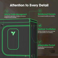 Vivosun dark grey grow tent, neon green features: cable management slots, reinforced corners, ventilation, attachable pocket.