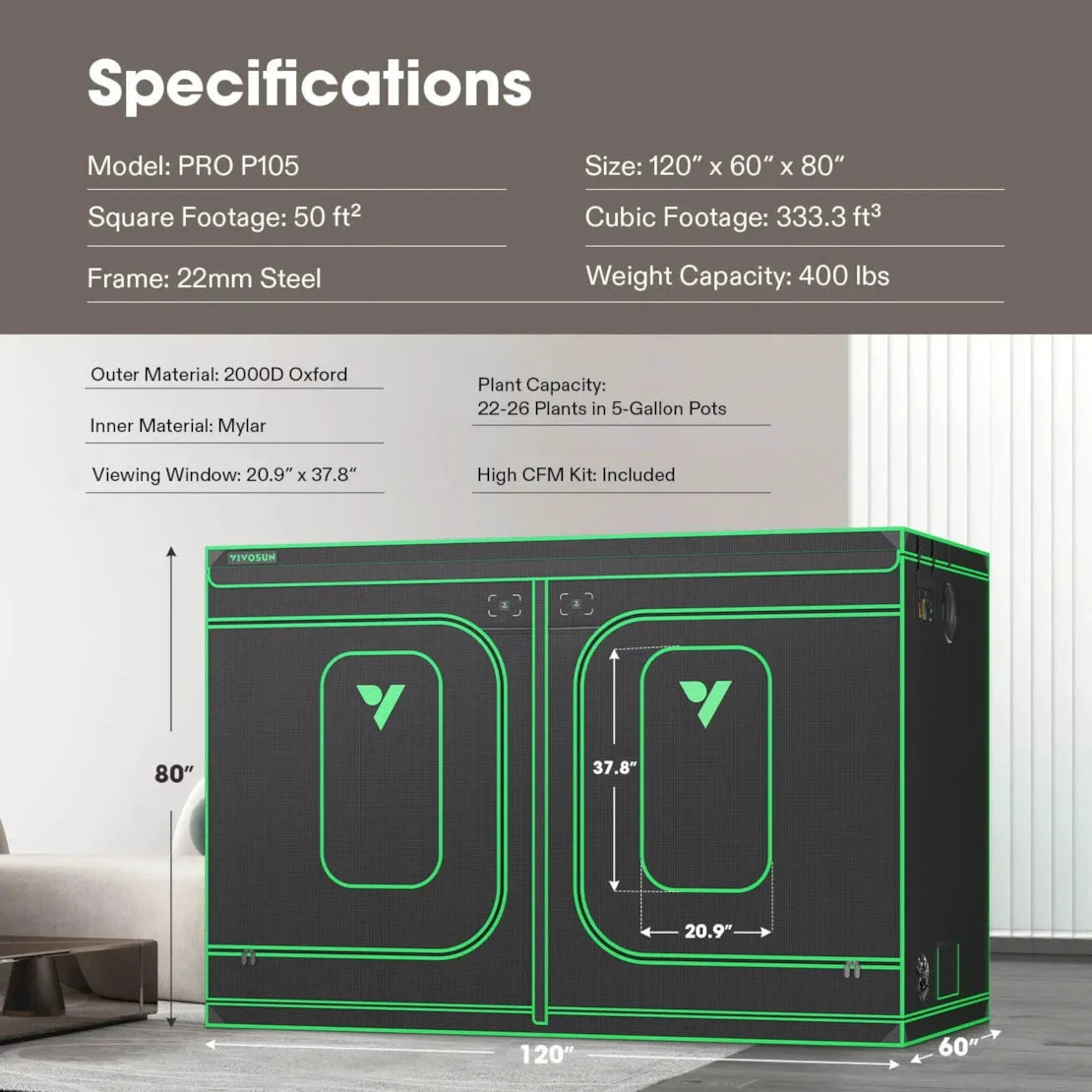 VIVOSUN PRO P105 black grow tent with green trim, displaying its 120"x60"x80" dimensions and full specifications.