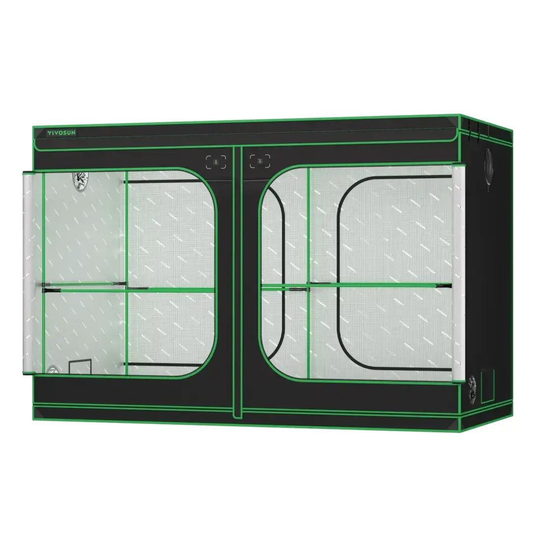 VIVOSUN large black grow tent with bright green trim, two zippered doors open revealing a reflective interior.