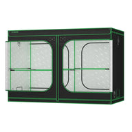 VIVOSUN large black grow tent with bright green trim, two zippered doors open revealing a reflective interior.