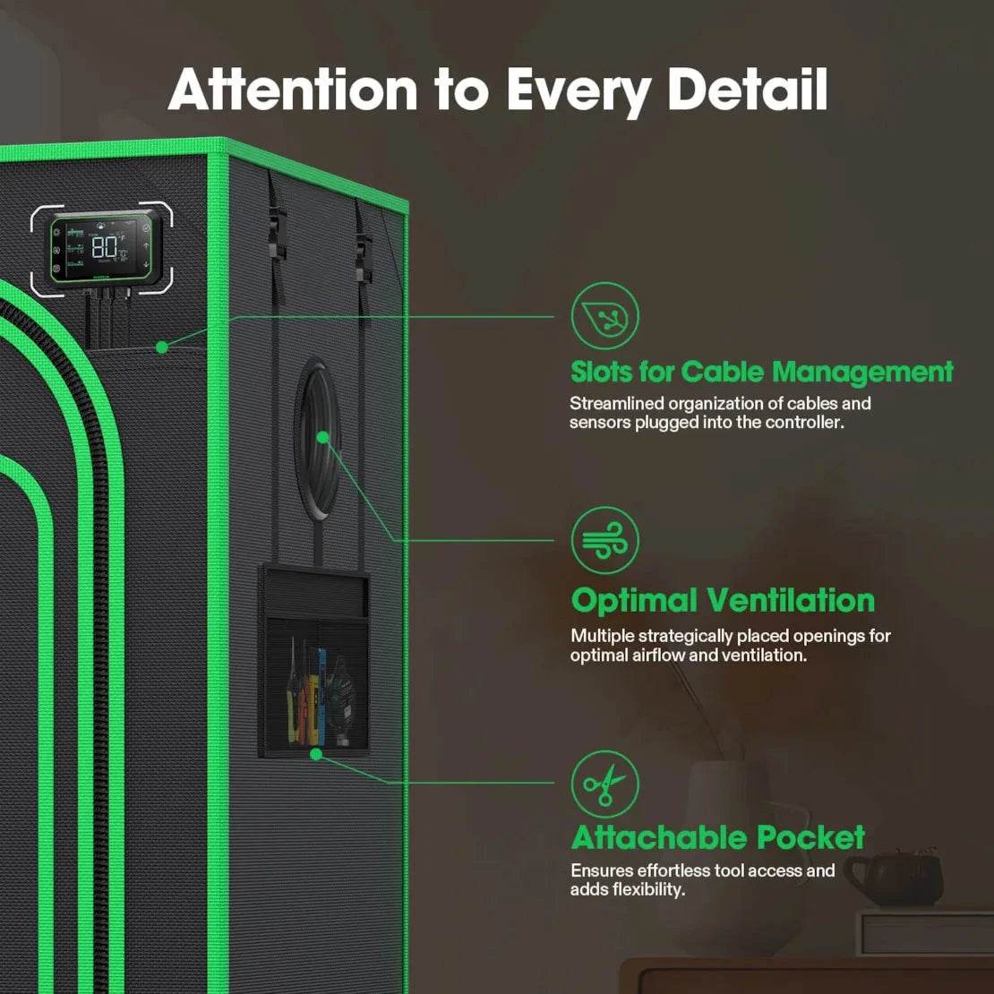 Black and green grow tent showcasing cable management slots, ventilation port, and an attachable tool pocket with a controller.