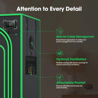 Black and green grow tent showcasing cable management slots, ventilation port, and an attachable tool pocket with a controller.