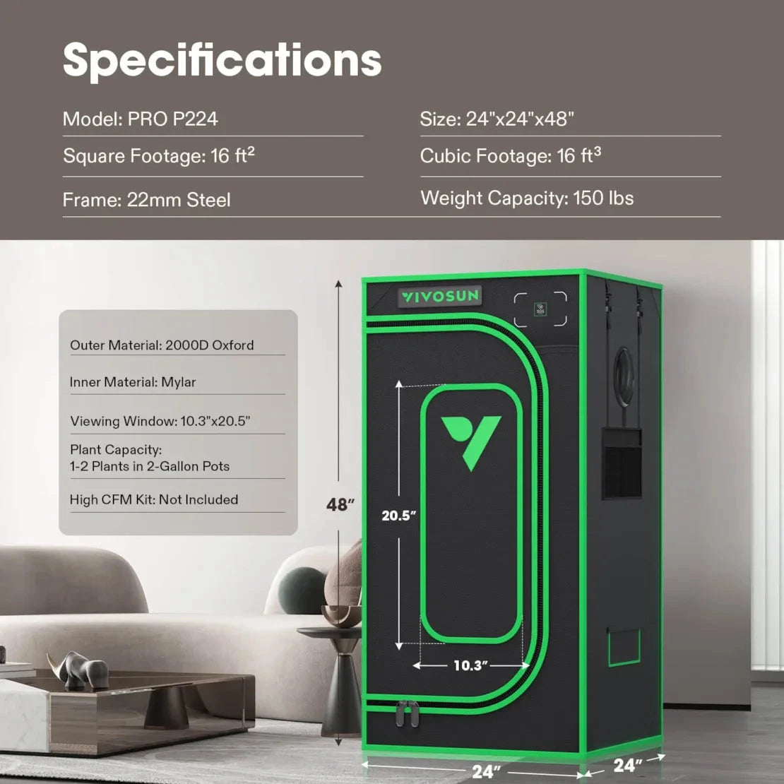 VIVOSUN PRO P224 2x2x4 (24"x24"x48") grow tent in black and neon green, with detailed specifications.