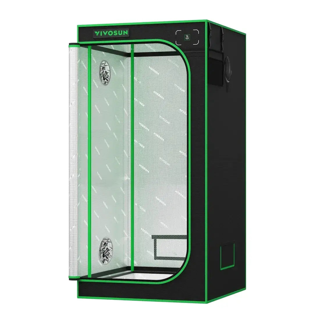 Black VIVOSUN grow tent with green trim, front door open revealing reflective interior patterned with VIVOSUN logo.