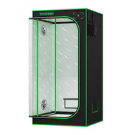 Black VIVOSUN grow tent with green trim, front door open revealing reflective interior patterned with VIVOSUN logo.