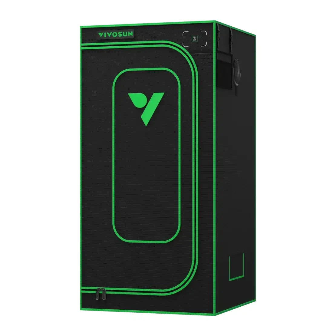Black VIVOSUN grow tent with green accents, V logo, zippers, and ventilation ports for indoor plants.
