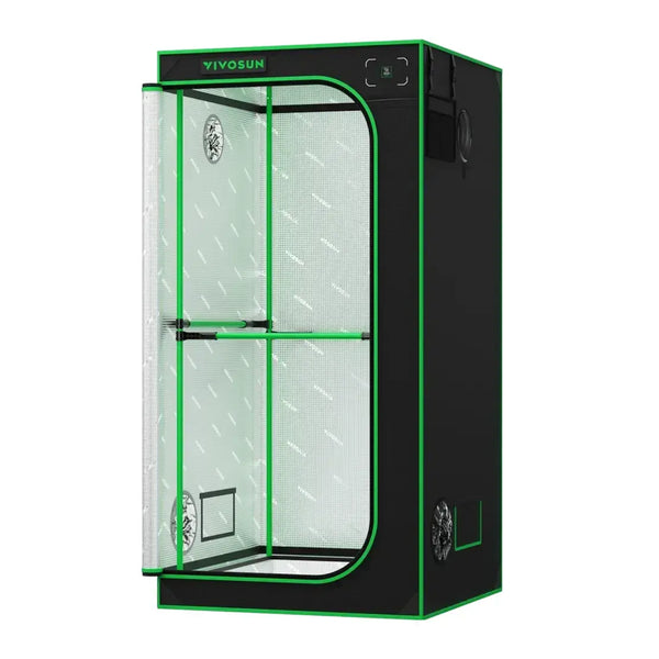VIVOSUN black grow tent with green frame, front door open to reveal reflective Mylar interior, for indoor plants.