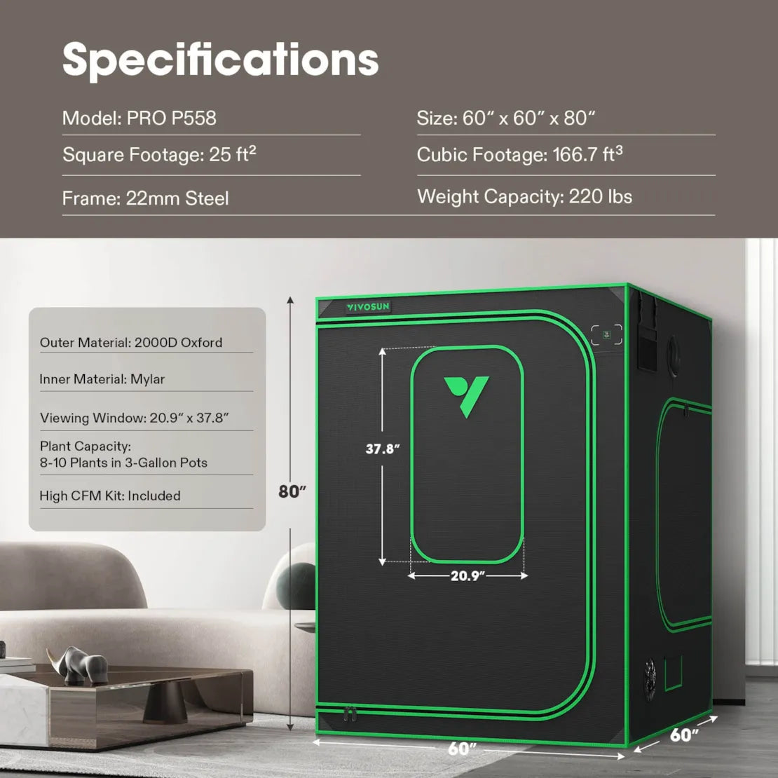 grow tent high cfm kit Vivosun Grow Tent Pro P558 5x5x6.6ft Reflective 2000D Mylar Indoor Grow Room