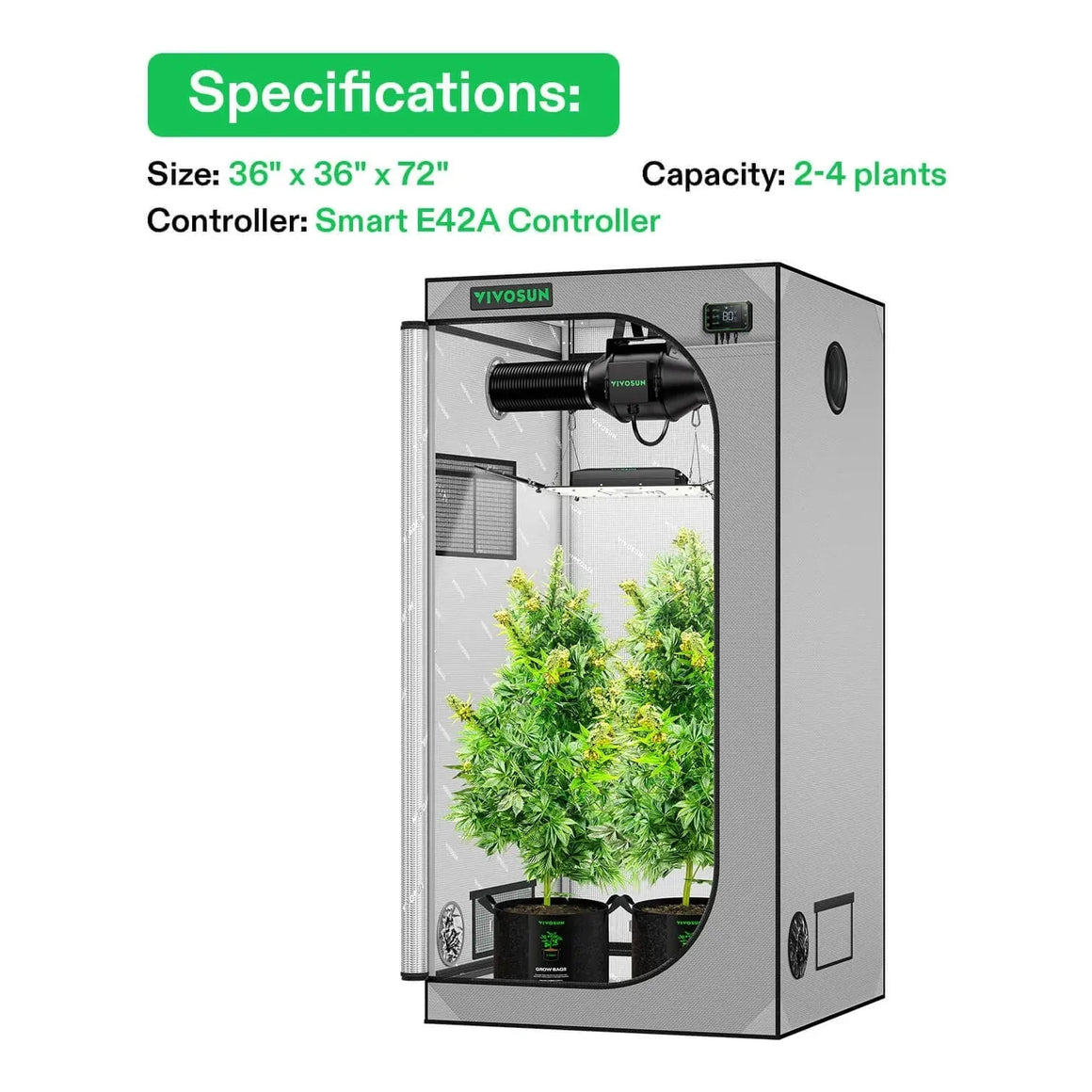 Gray Vivosun Smart Grow Tent Kit (3x3 ft) with two lush plants, internal fan, light, and E42A controller.