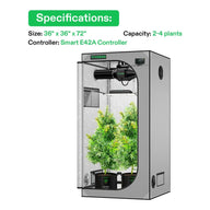 Gray Vivosun Smart Grow Tent Kit (3x3 ft) with two lush plants, internal fan, light, and E42A controller.